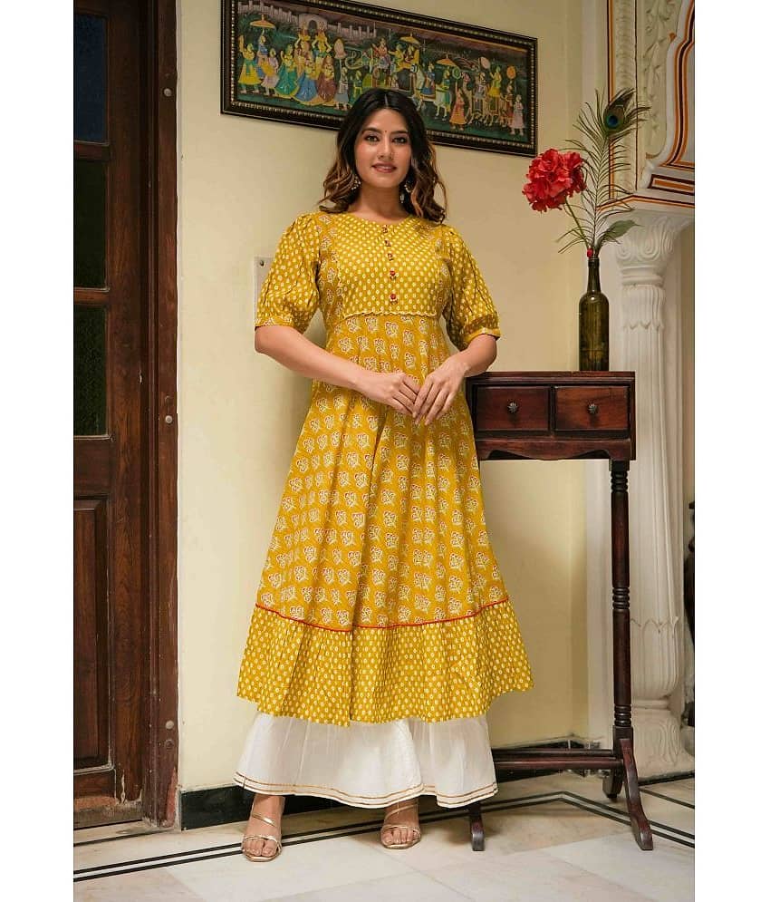 Yash Gallery Cotton Printed Anarkali Women's Kurti - Mustard ( Pack of 1 )