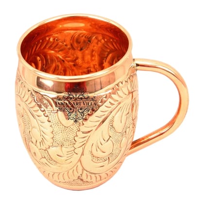 Pure Copper Round Shaped Flower Embossed Design Moscow Mule Beer Mug Cup, Volume-450ML-1