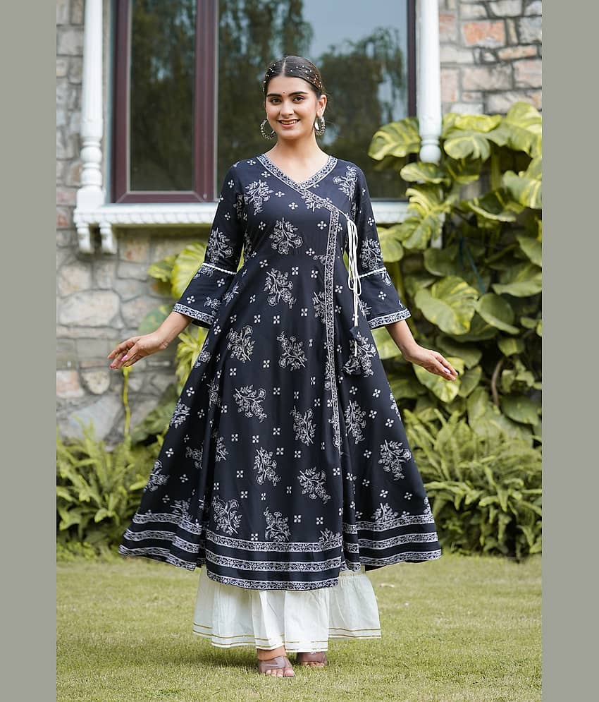 Yash Gallery Rayon Printed Anarkali Women's Kurti - Black ( Pack of 1 )
