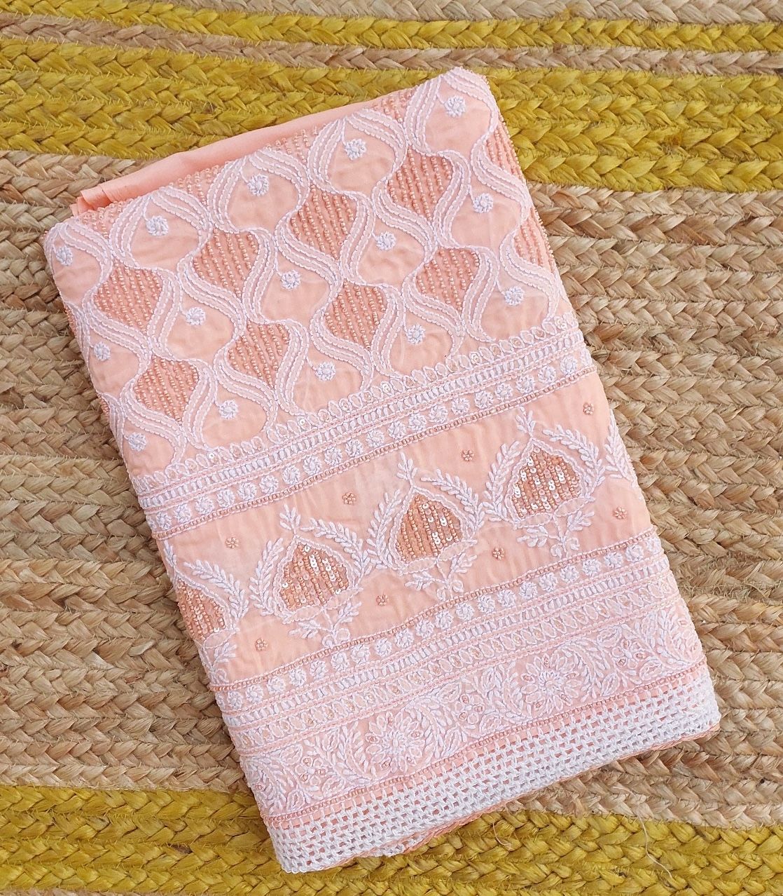 Hand-Embroidered Cotton Suit with Pearl Highlights | Peach