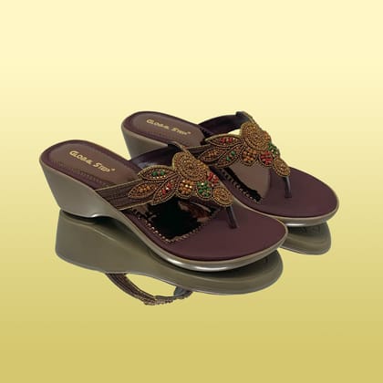 Brown Embellished Wedges-Brown / 36