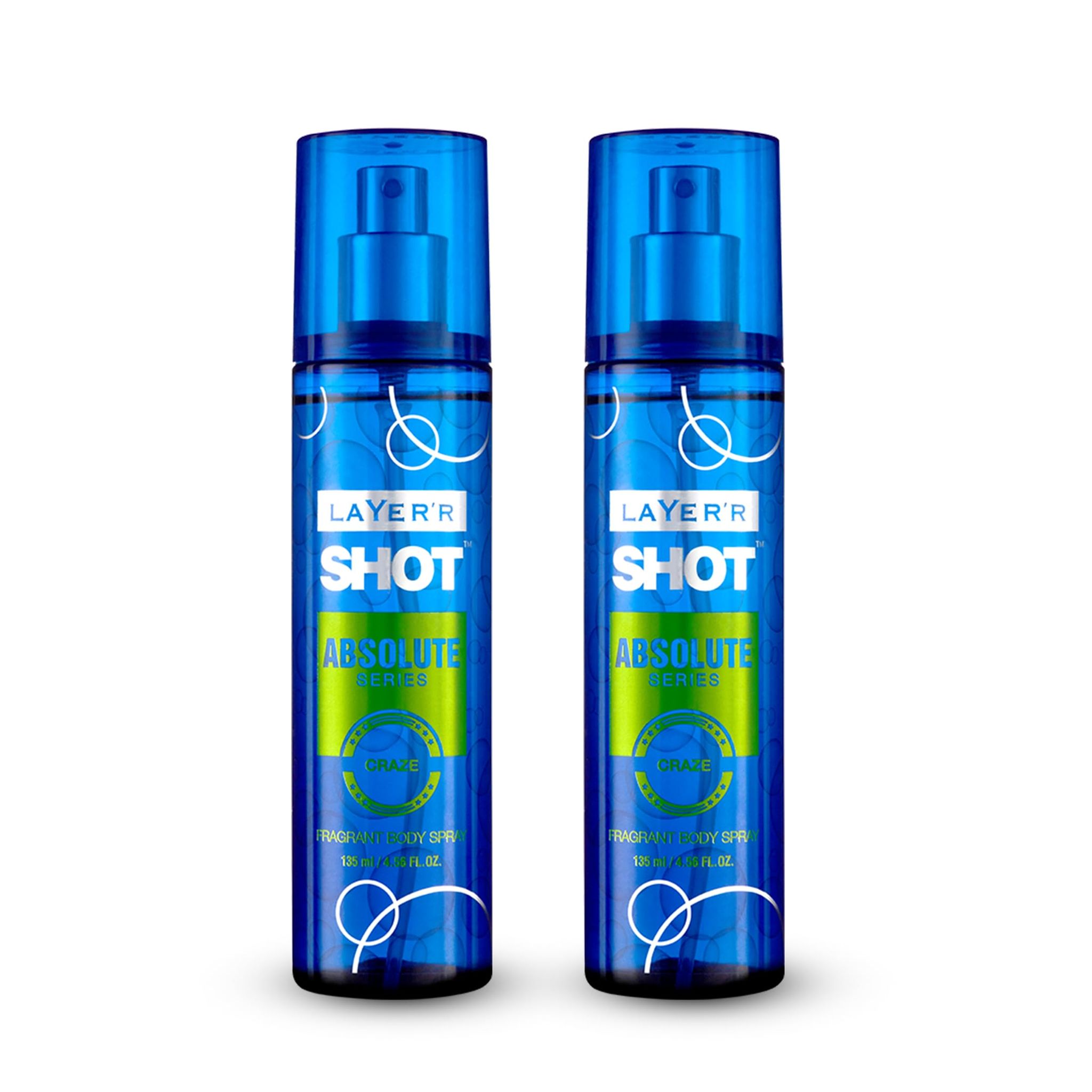 Layer'r Shot Absolute Series Craze Body Spray For Men - 2 x135ml Each | Pure Long Lasting Premium Fragrance With Spicy & Woody Scent | Perfect Deodorant For Every Occasion | Ideal Perfume For Men