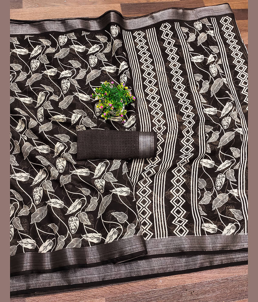 HEMA SILK MILLS Linen Printed Saree With Unstitched Blouse Piece ( Coffee )