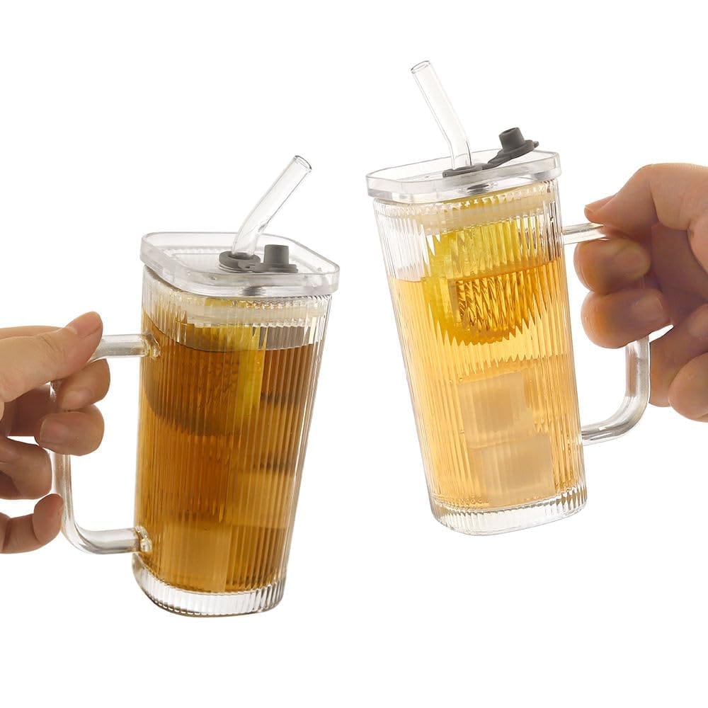 Glass Drinking Tumbler with Lid & Straw, 250 ML, Set of 1, Transparent Square Cup with Handle, Sipper for Juice, Water, Smoothies, Cocktail, Mocktail and Variety of Drinks, Ideal for Man/Women
