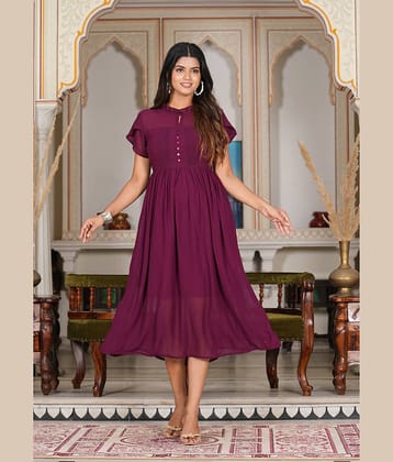 Yash Gallery Women Georgette Solid Fit & Flare Dress ( Wine )