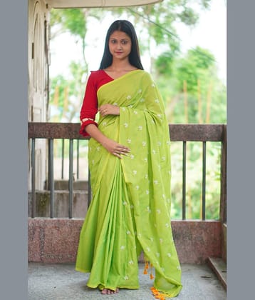 SARADA HANDLOOM Cotton Embroidered Saree With Unstitched Blouse Piece ( Light Green )