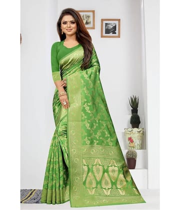 Gazal Fashions Banarasi Silk Printed Saree With Unstitched Blouse Piece ( Green )