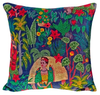 Frida Kahlo Velvet Cushion Cover-Navy Blue-12 x 12 inches / Plain Cotton Backing