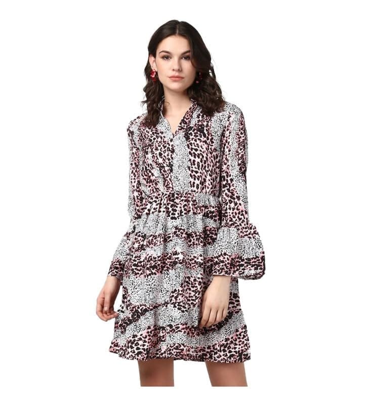 Women's Polyester Animal Print Bell Sleeve Above Knee Dress (Pink - Black, S)-PID55761