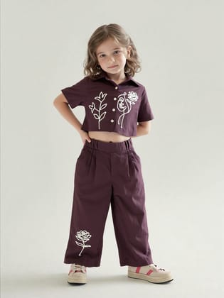 Girls Brown Embroidered Co-Ord Set [GCS-7420] (4-12Years)-6-7Y (Size - 28) / Imported / Brown