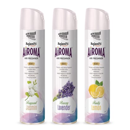 Airoma Air Freshener Spray for Home and Office - Breezy Lavender Mystic Rose Serene Sandalwood (Pack of 3, 225ml each) | Long-lasting Fragrance