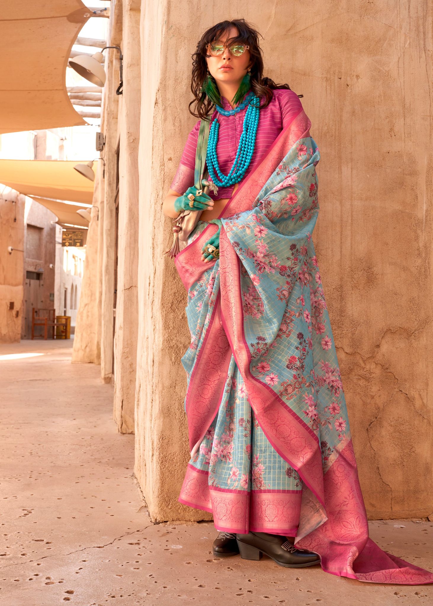 Aqua Blue Georgette Silk Saree With Floral Print