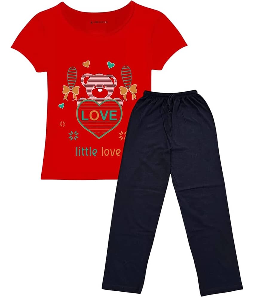COOLTEES4U Pack of 2 Girls 100% Cotton T-shirt & Pants ( Red )
