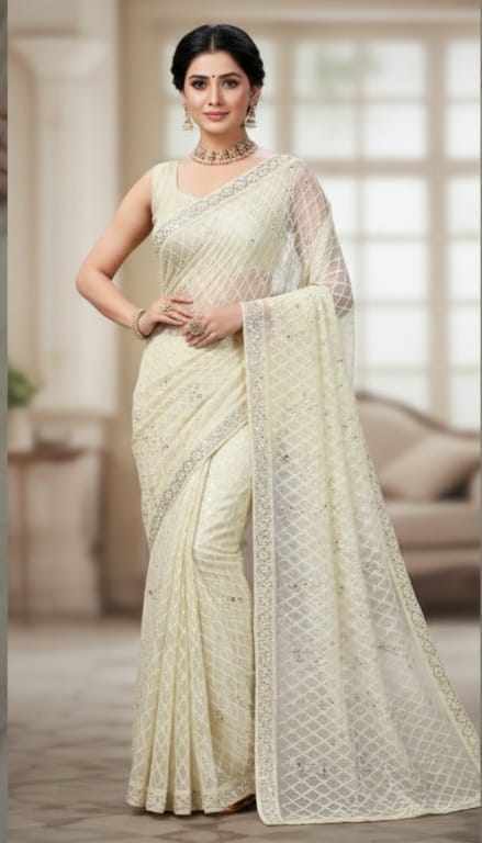 Net Sarees with moti work  | Attached blouse