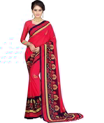 LEELAVATI Georgette Printed Saree With Unstitched Blouse Piece ( Red )