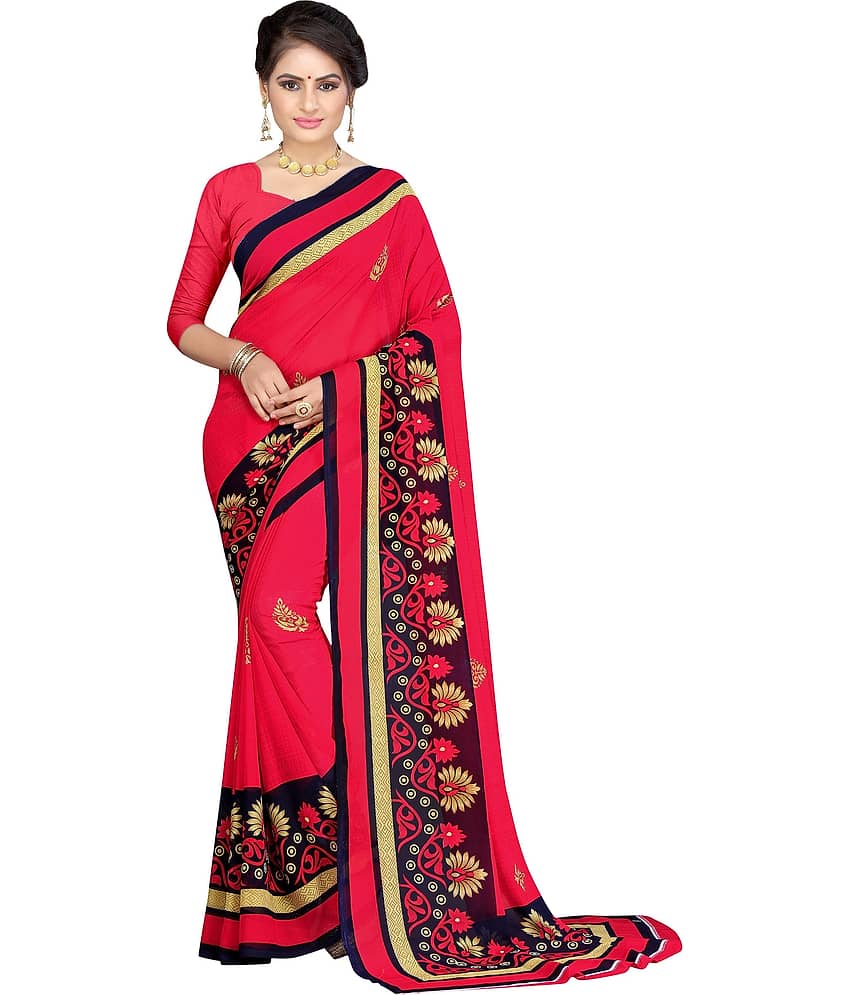 LEELAVATI Georgette Printed Saree With Unstitched Blouse Piece ( Red )