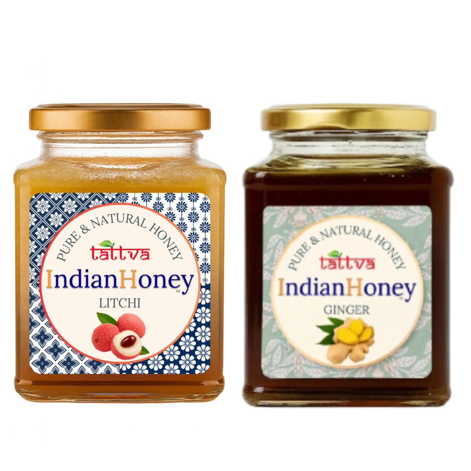 IndianHoney Litchi with Ginger Honey Combo (Pack of 2) | Pure & Natural | 1kg (500g Each) | Unprocessed & Unfiltered Natural Sweetener