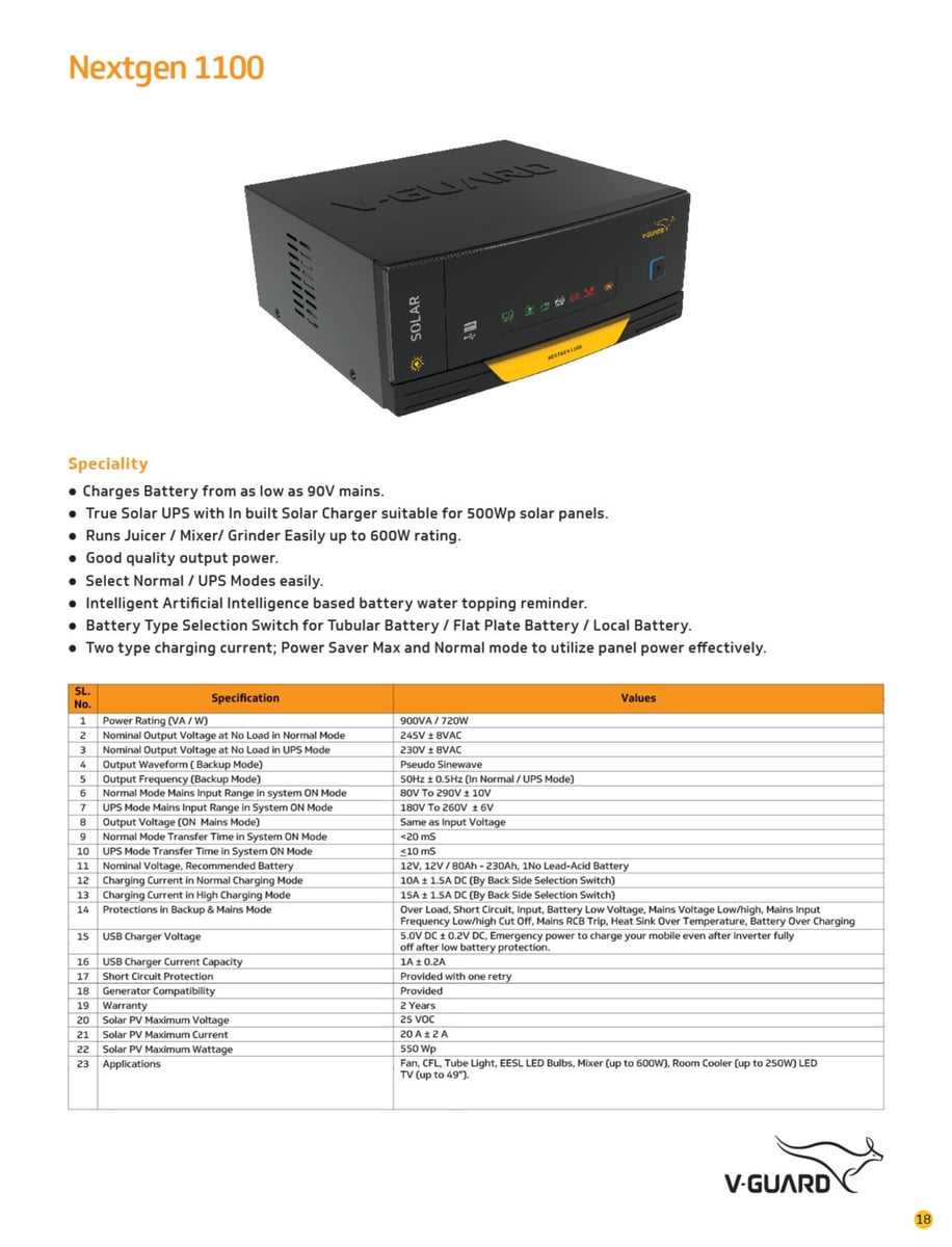 V-Guard Nextgen 1100 Solar Inverter | True Solar UPS with Built-In Solar Charger | Power Backup