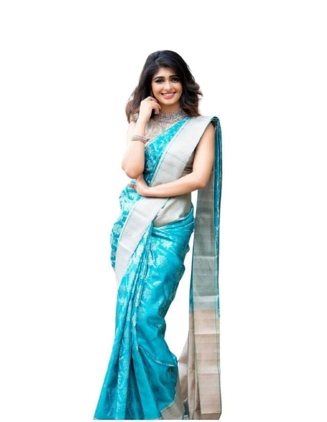 Women's Soft Lichi Silk Printed Saree With Unstitched Blouse 5.5Mtr (Sky-Blue)-PID63568