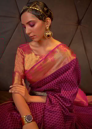 Plum Pink Handloom Woven Banarasi Silk Saree
