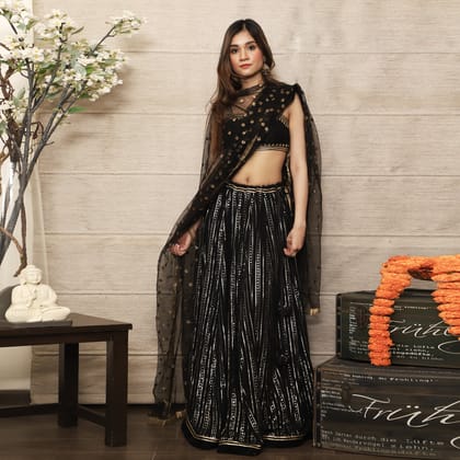 Black Embroidered Lehenga Set-XS