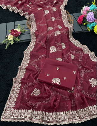 Women Embroidered Party Wear Silk Saree