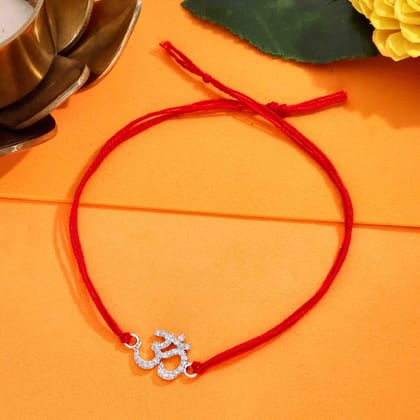 Om Symbol Silver Rakhi - Pure 925 Sterling Silver-White Stone / Silver