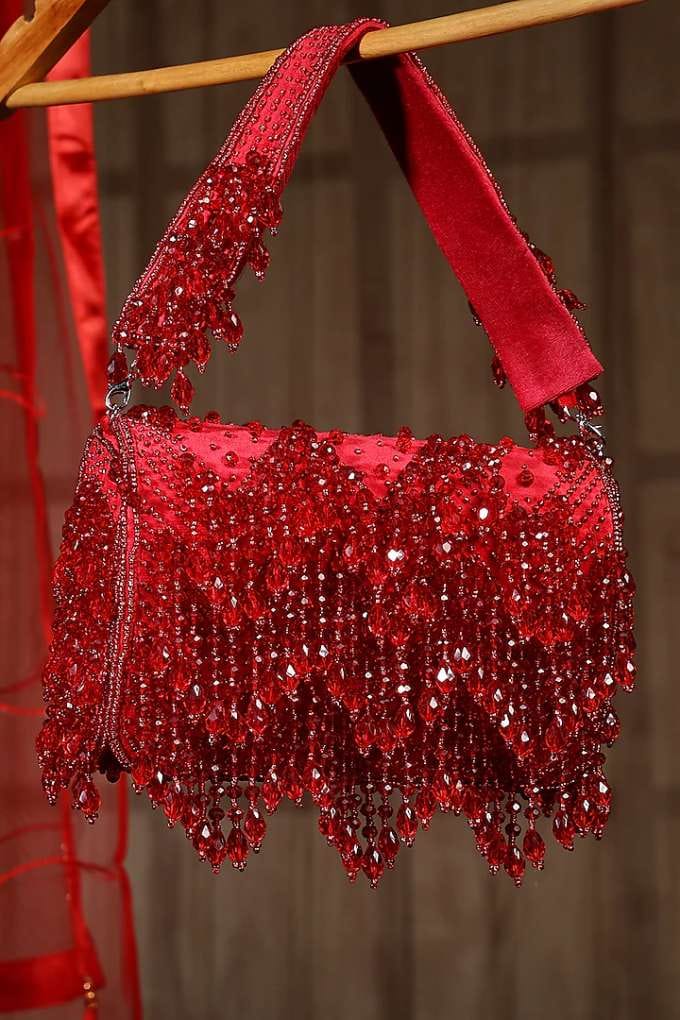 Red Suede Crystal Embellished Flap Bag