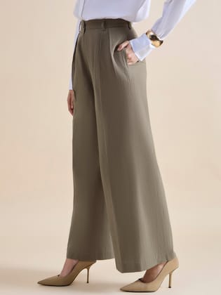 Women High Waist Pleated Loose-Fit Straight Cut Cotton Blend Solid Trouser-XS