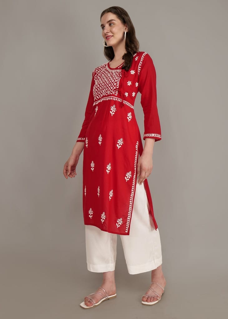 Pure Cotton Hand Embroided Lucknow Chikankar Angrakha Style Kurta - Red