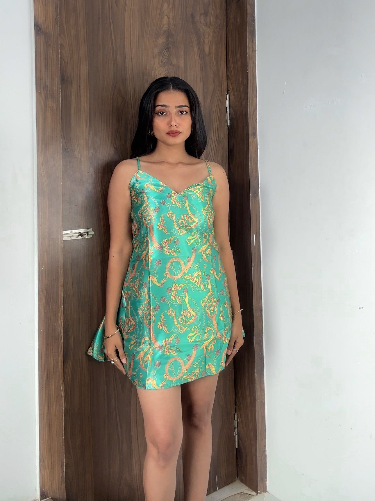 Green Satin Nightgown, Casual V Neck Backless Dress-S