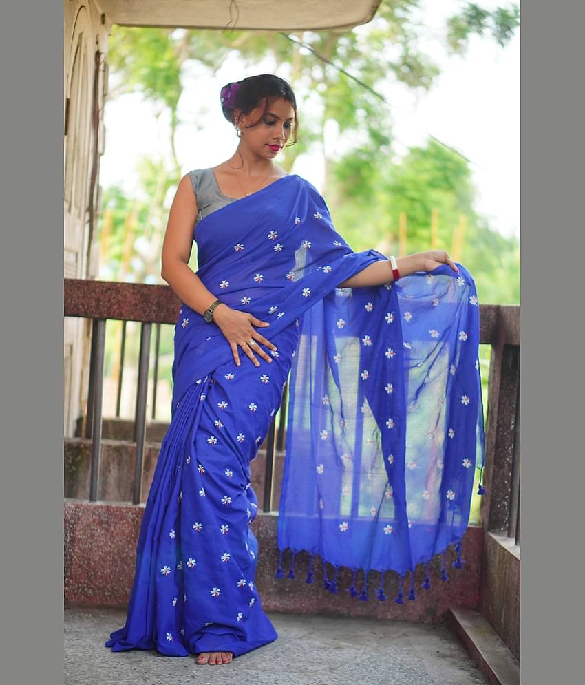SARADA HANDLOOM Cotton Embroidered Saree With Unstitched Blouse Piece ( Blue )