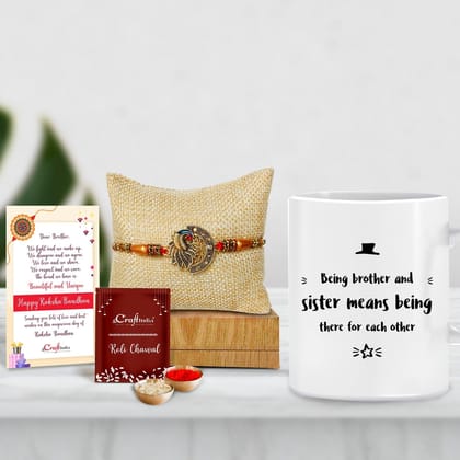 Designer Peacock Rakhi with Mug for Brother and Roli Chawal Pack, Best Wishes Greeting Card