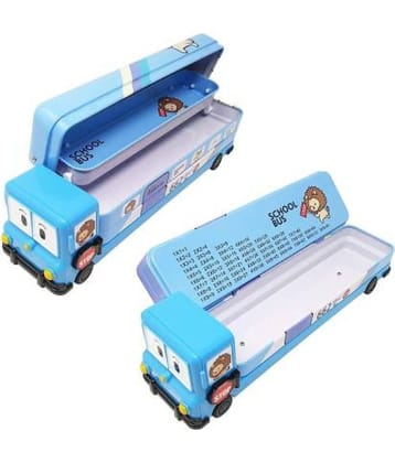 BLUE Magic Bus Shape with Rotating Wheels Art Metal Pencil Box (Set of 1, Blue)