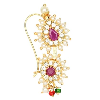 Gold-Plated American Diamond AD Stone Floral Design Banu Nath Maharashtrian Nath(piercing Required)