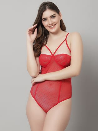 Overall Lace Sweetheart Teddy Dress-M / Red
