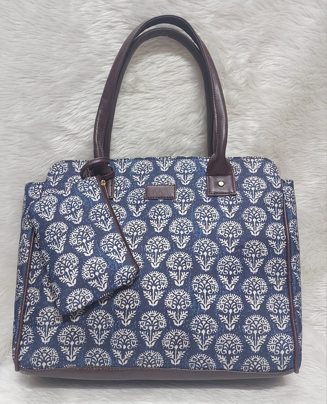 Blue cotton azrak print jute Tote Bag