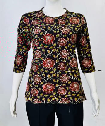 Black red kalamkari handblock printed cotton top