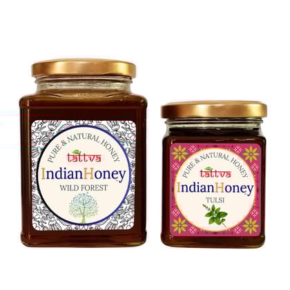IndianHoney Wild Forest Honey & Ayurvedic & Stress-Relief Tulsi Infused Honey Combo Pack (500gm & 230gm) Wild Forest & Tulsi
