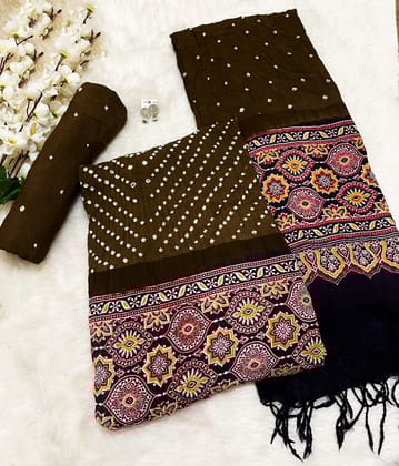 Authentic Ajrakh Print with Bandhej Work Bandhani Material (Unstitched)-Brown