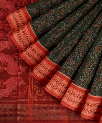 Olive Green Orange Cotton Handloom Sambalpuri Saree