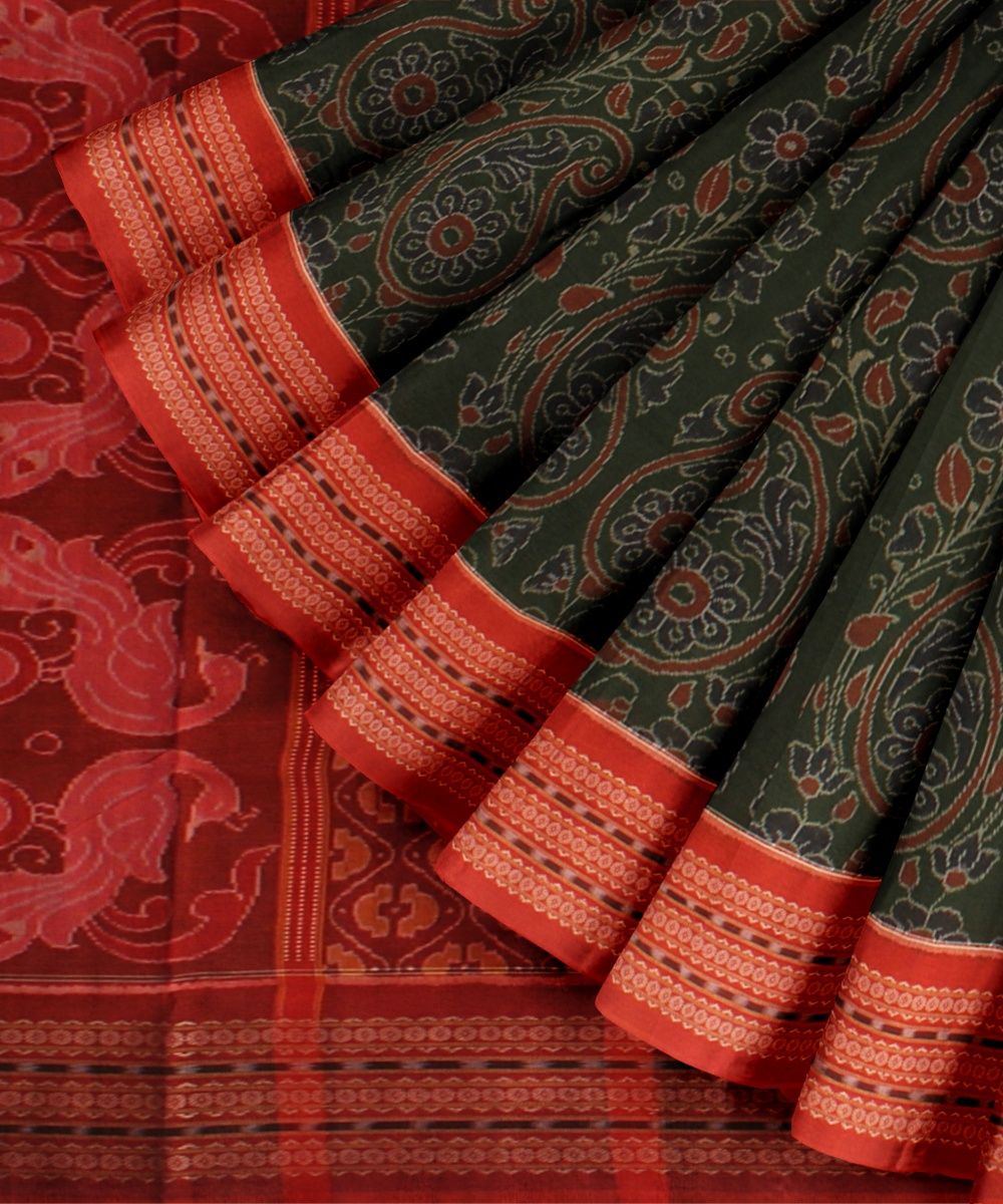 Olive Green Orange Cotton Handloom Sambalpuri Saree
