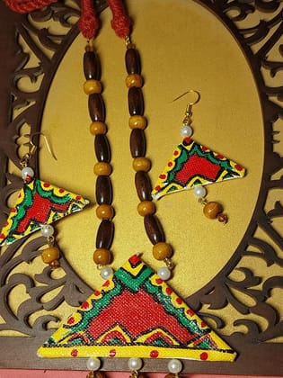 Handmade Handpainted Necklace with Wooden Beads On Canvas Base