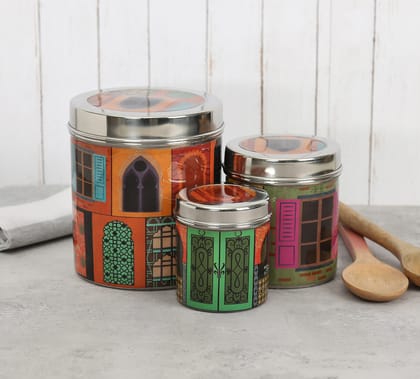 India Circus Mughal Doors Reiteration Steel Container Set Of 3