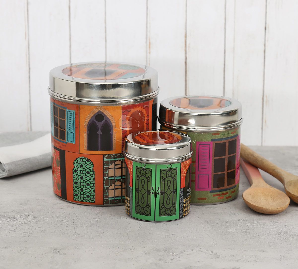 India Circus Mughal Doors Reiteration Steel Container Set Of 3