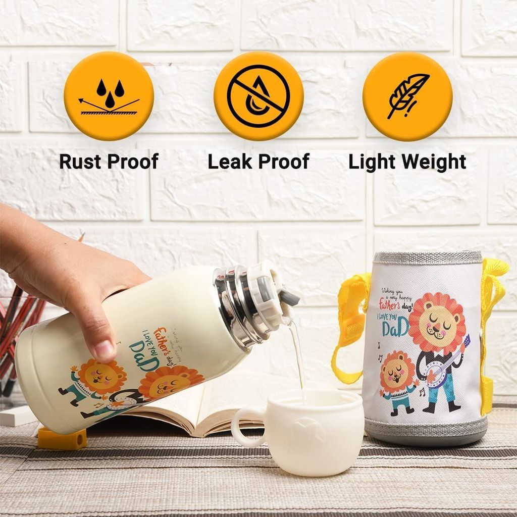 Femora Kids Lion Design Hot & Cold Thermosteel Water Bottle for Kids Double Walled Vacuum Insulated Stainless Steel Bottles with Bag (550 Ml) (Cream)