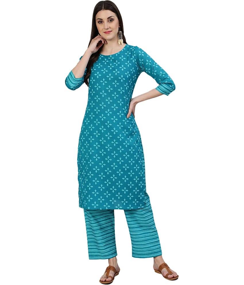 Antaran Cotton Printed Kurti With Pants Women's Stitched Salwar Suit - Blue ( Pack of 1 )