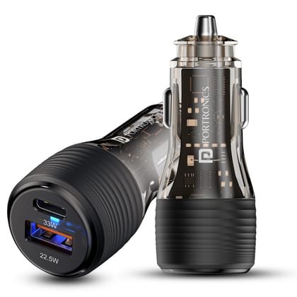 Portronics Car Power View Plus 55.5W Transparent Car Charger, Dual Port Fast Car Charger with 33W Type-C PD and 22.5W USB-A, Charge 2 Devices Simultaneously, for Smartphones, iPhones, Tablets, Earbuds