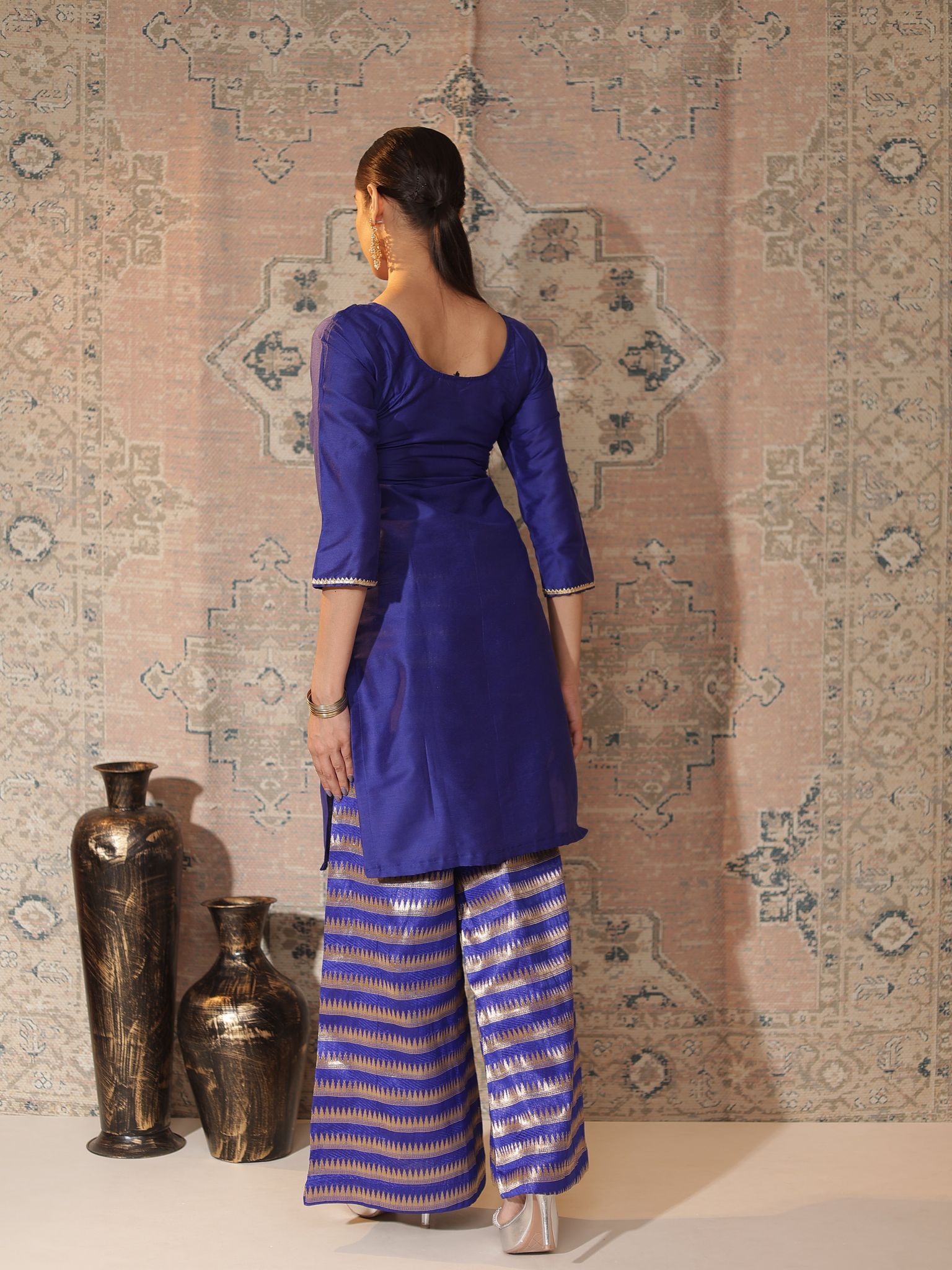 Royal-Blue Cotton-Silk Kurta & Banarasi Chanderi Palazzo Set | Copper-Zari Stripes + Gota Patti Trim