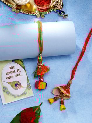 NVR Women Set of 2 Red Beaded Lumba Rakhi With Roli Chawal & Chocolate-Freesize / Red / Gold-Plated